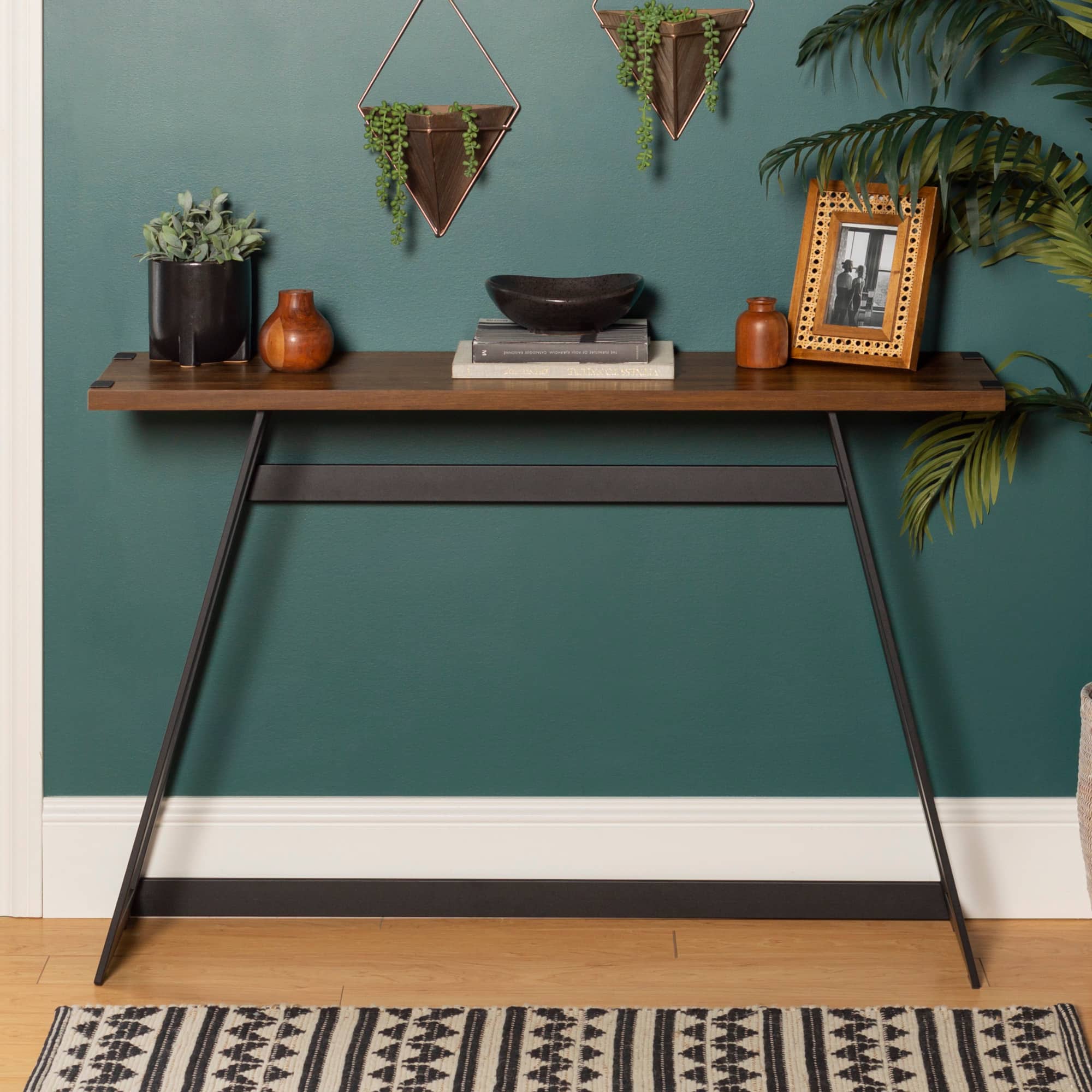 Walker Edison Dark Walnut Faux Wrap Modern Industrial Entry Table